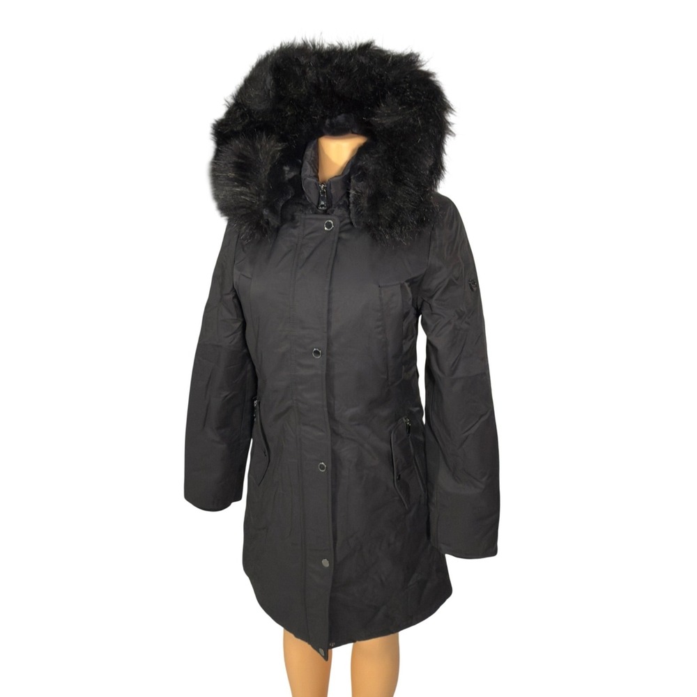 1 Madison Expedition Parka Women Small Black Excellent Faux Fur Hood Coat